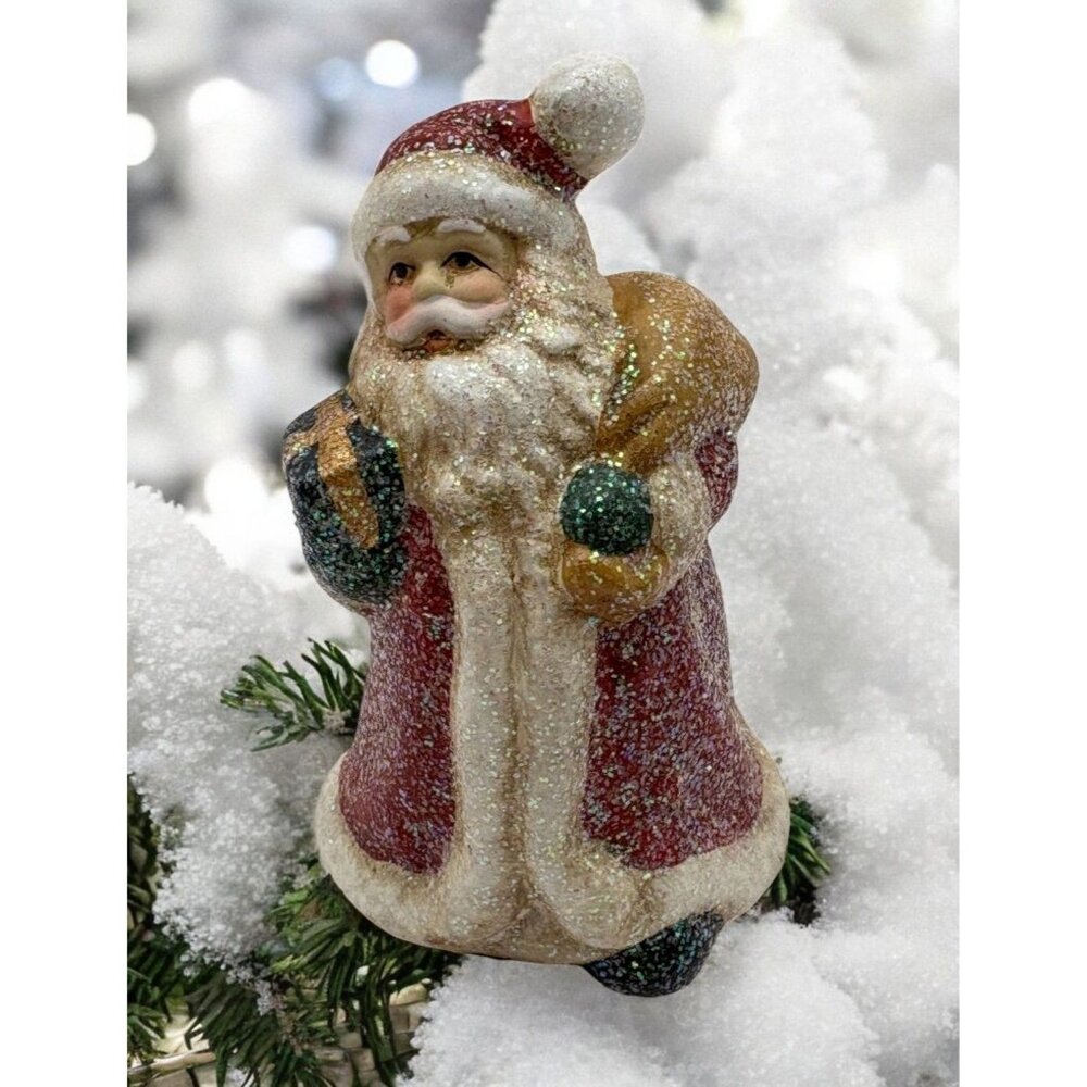 Glittered Santa Claus Christmas Figurine with Toy Bag and Presents